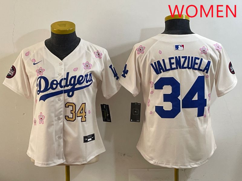 Women Los Angeles Dodgers #34 Valenzuela Cream Sakura Edition 2025 Nike MLB Jersey style 7